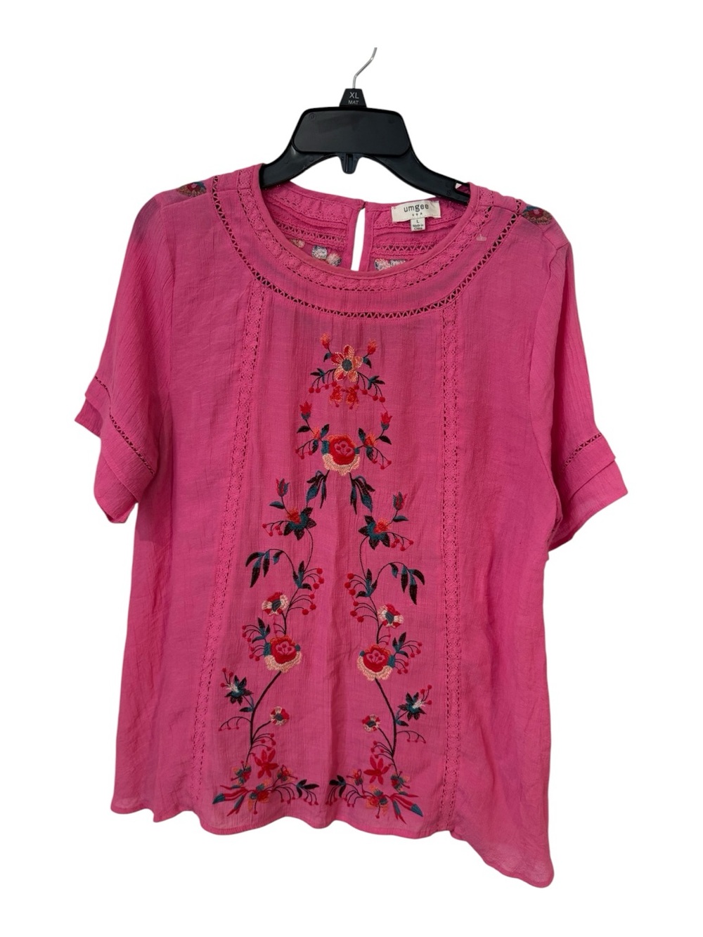 Umgee Pink Floral Embroidered Boho Blouse Large Crochet Lace Short Sleeve - Picture 2 of 5